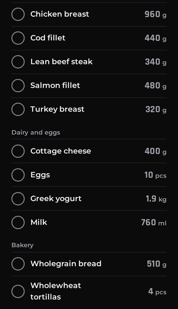 The demo's grocery list, split by aisle.