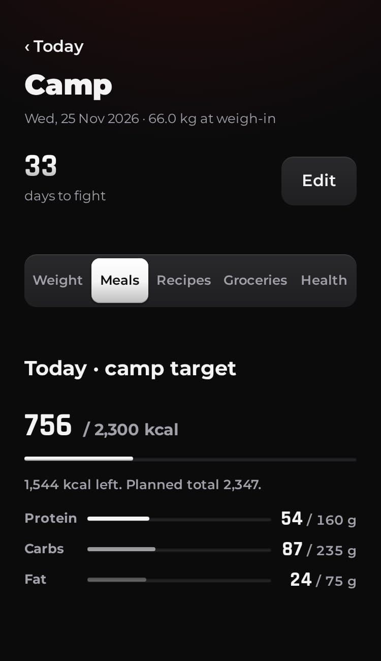 Today's meal plan in the demo: the days to the fight, the day's calories and the macros, with sample data.