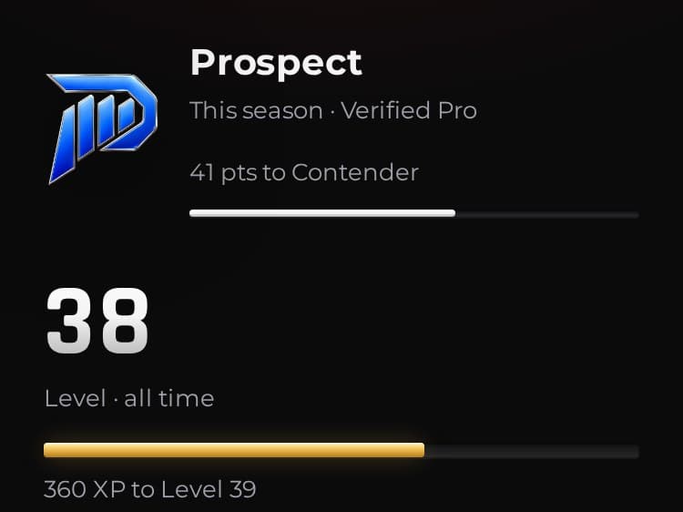 A fighter's profile in the demo: the season rank, verified Pro, the points to the next rank and Level 38.