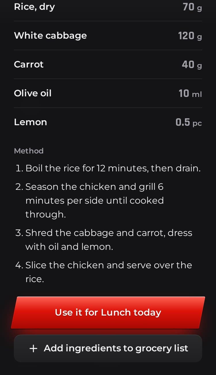 A recipe in the demo, open at the method, with the button that adds its ingredients to the grocery list.