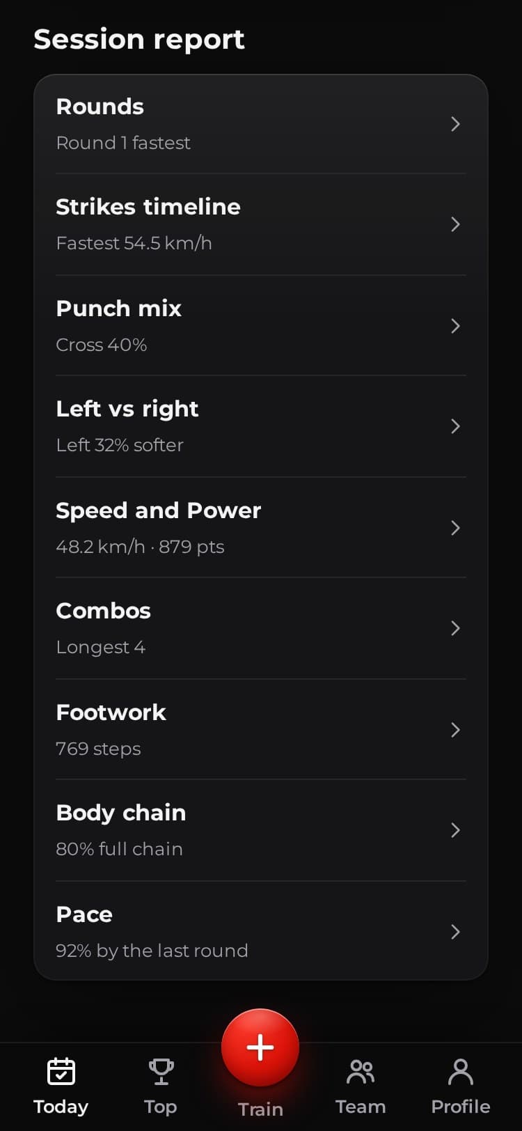 A session report in the demo: the rounds, the strike timeline and the punch types.