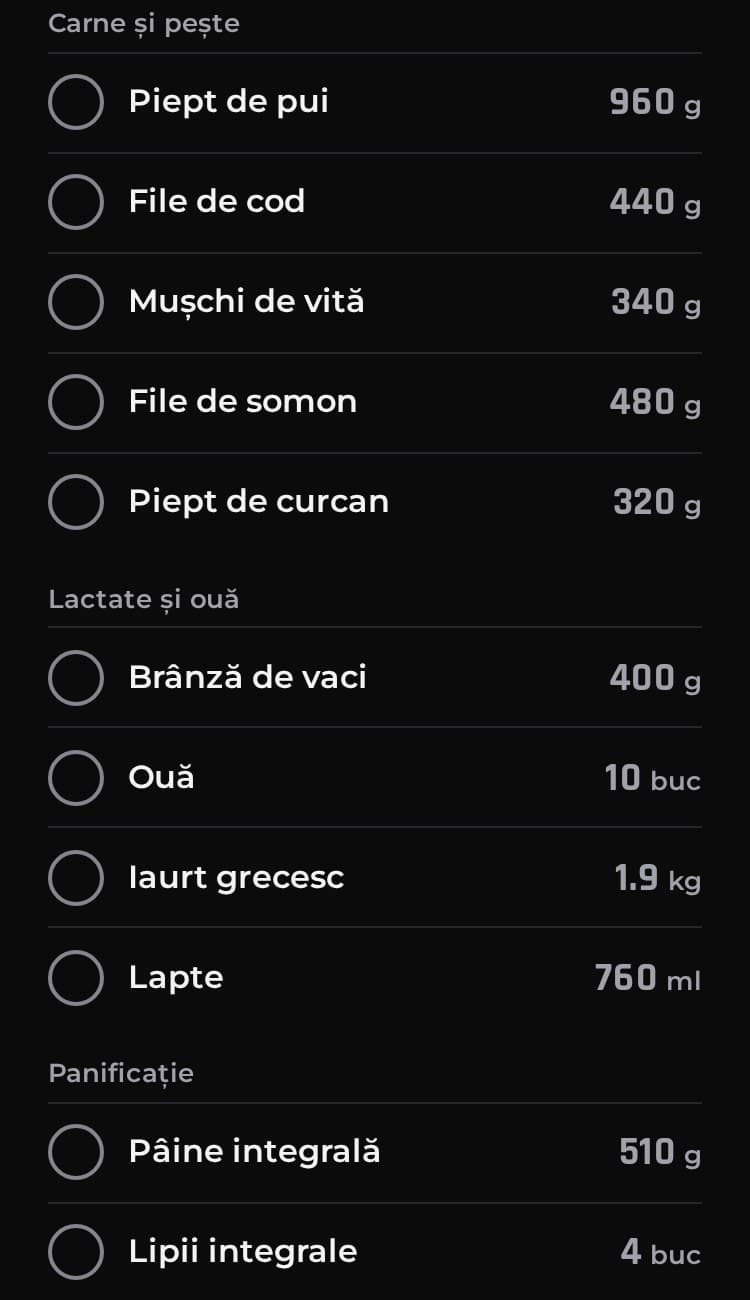 Lista de cumpărături din demo, împărțită pe raioane.