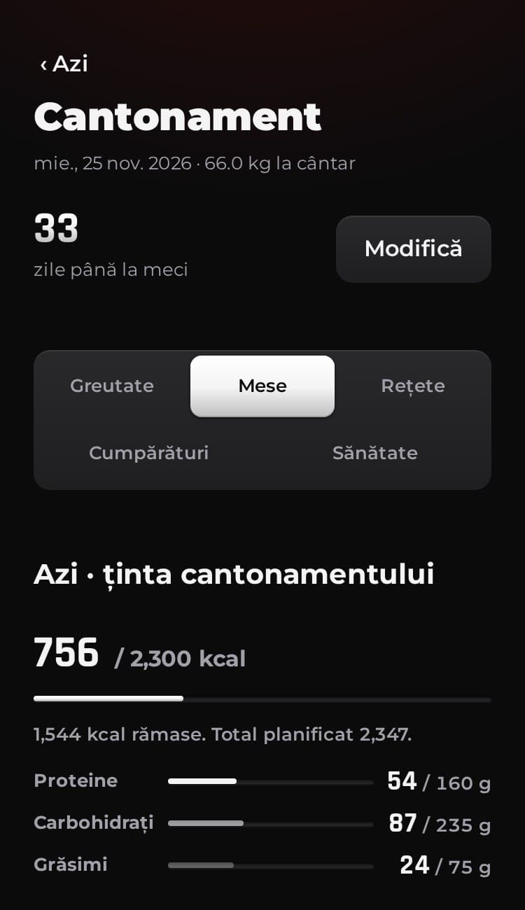 Planul de mese de azi în demo: zilele până la meci, caloriile zilei și macronutrienții, cu date de exemplu.
