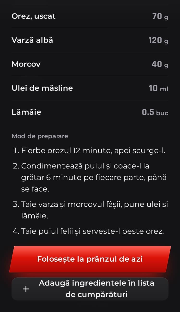 O rețetă din demo, la Mod de preparare, cu butonul care pune ingredientele în lista de cumpărături.