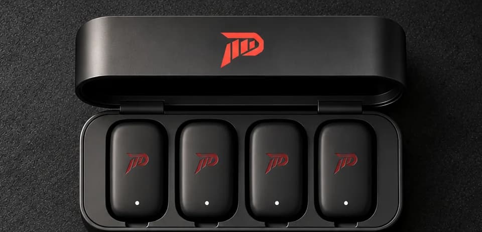 The open charging case with the four PUMNO sensors, on black.