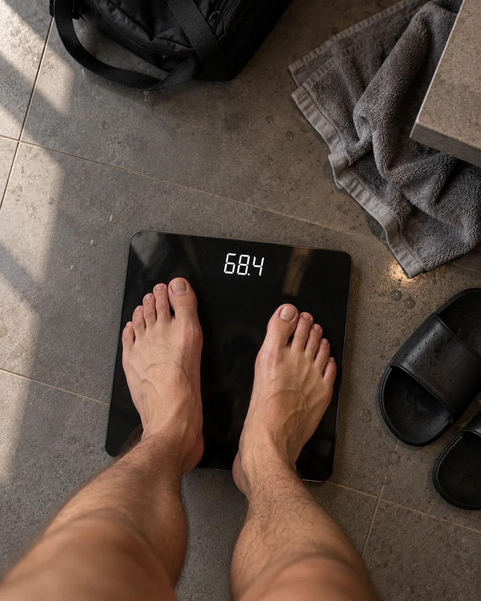 Bare feet on a digital scale in the locker room, early in the morning. It reads 68.4.