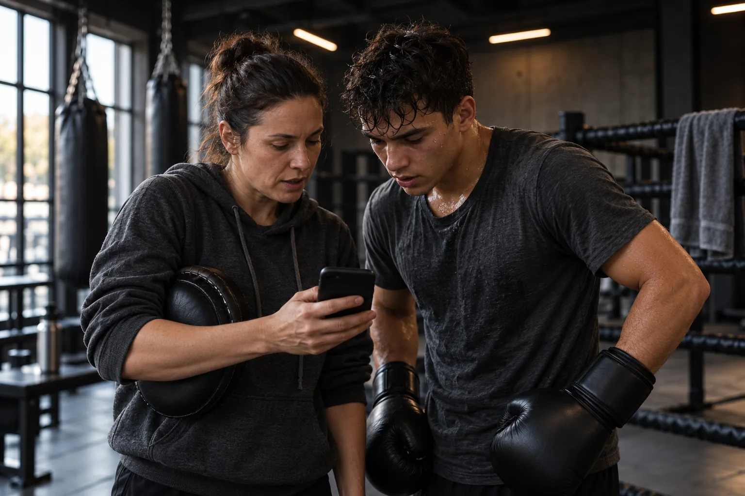Between rounds, a coach and a boxer look at her phone together.