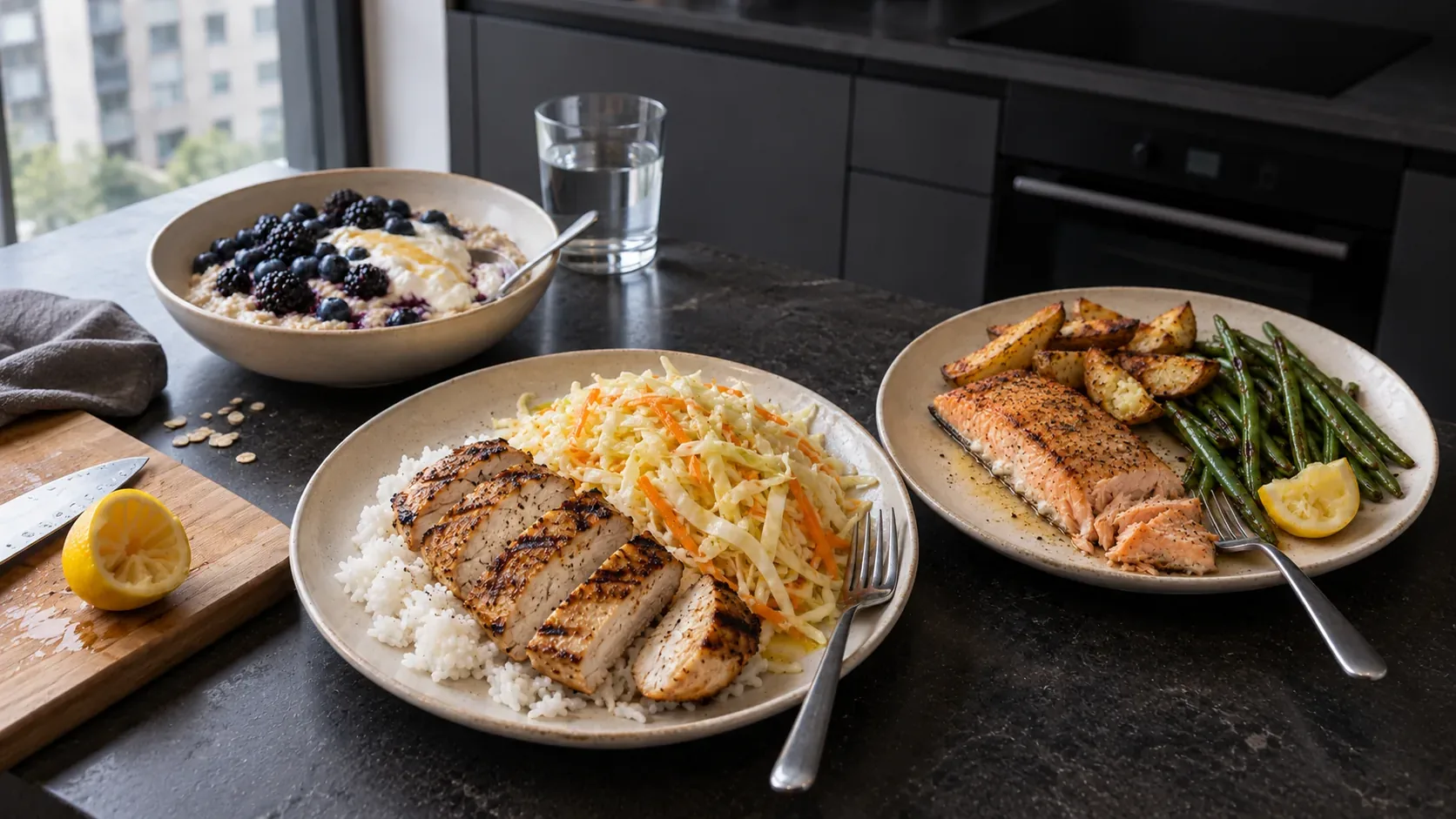 Oats with yogurt and berries, grilled chicken with rice and salad, and baked salmon with potatoes and green beans, one portion each, on one worktop.