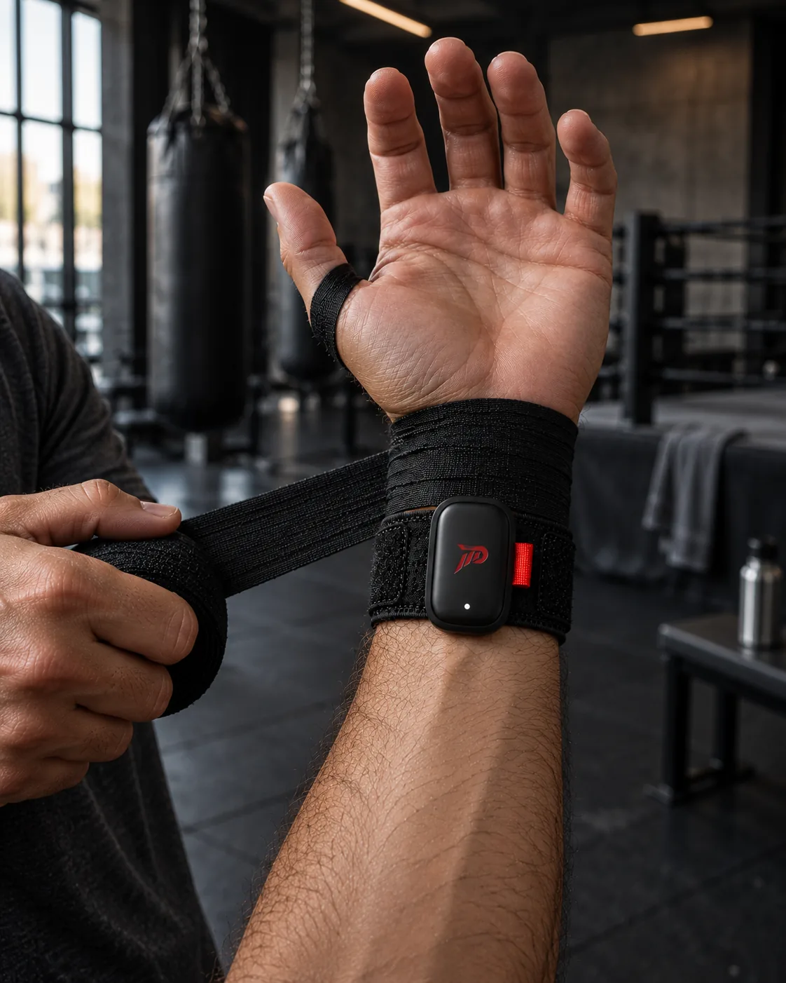 A boxer wraps his hands in the gym, the PUMNO sensor on the palm side of his wrist.