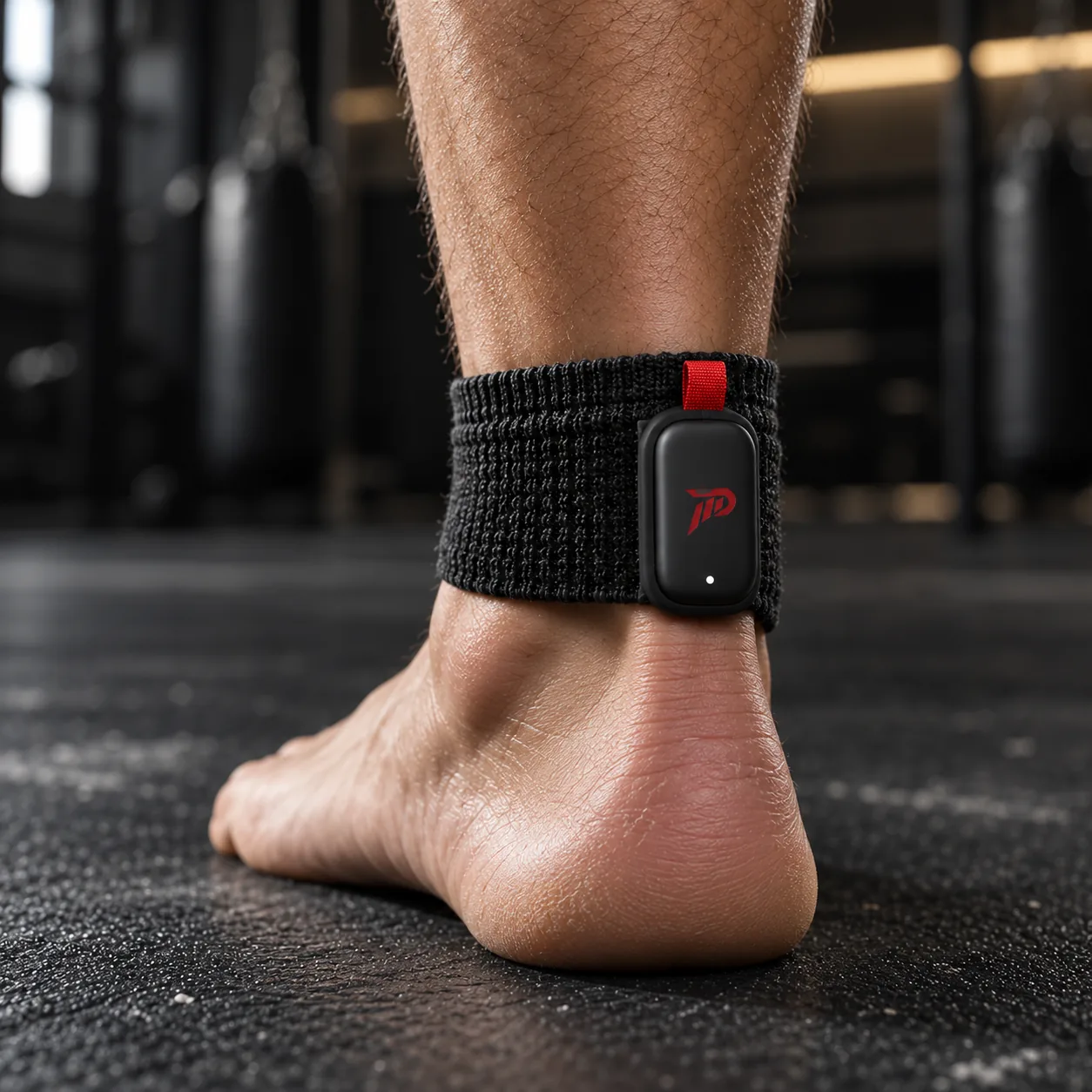 The PUMNO band and sensor at the back of the ankle, just above the heel.